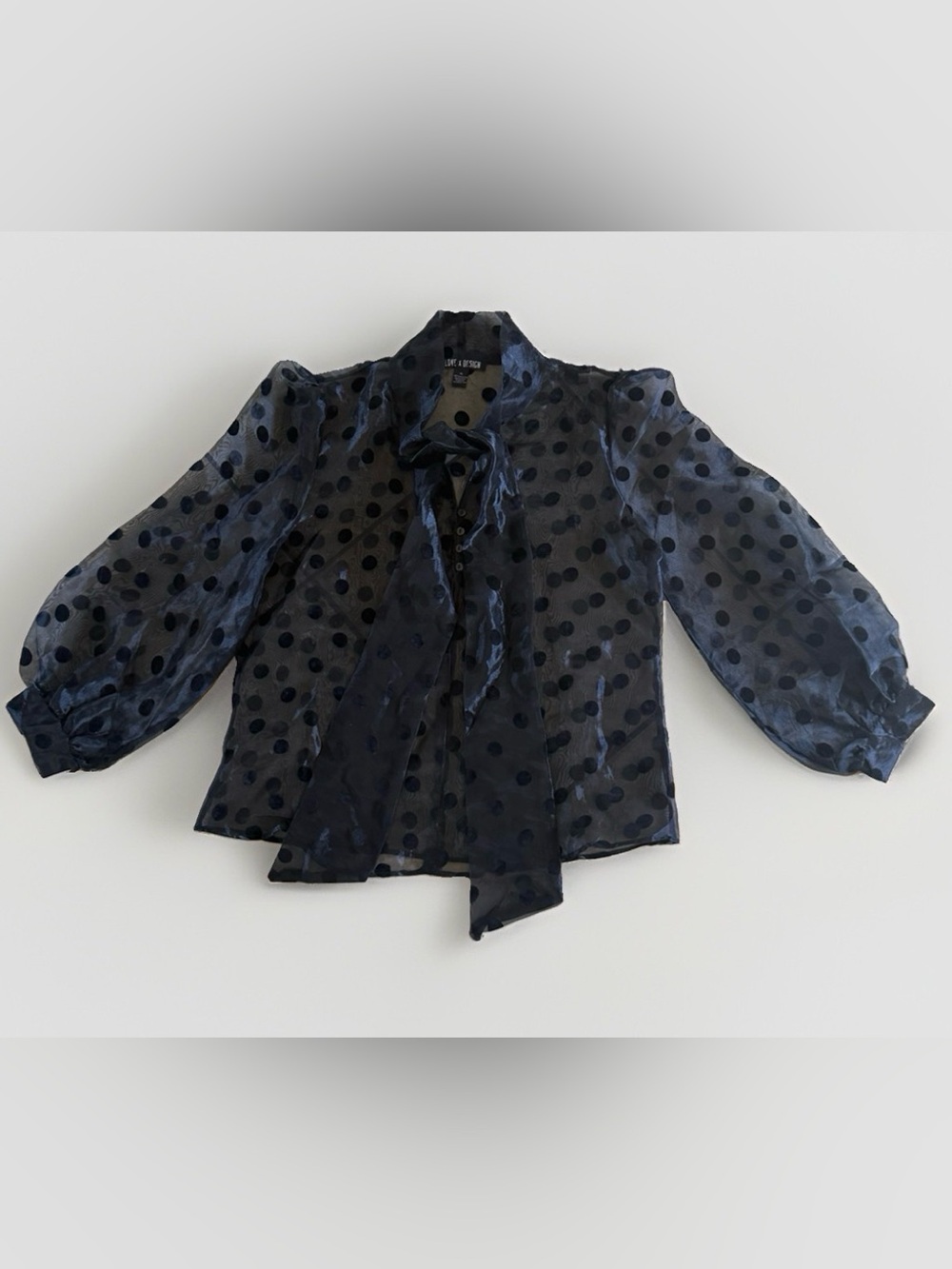 Love X Design Black Sheer Polka Dot Tie Neck Blouse XL